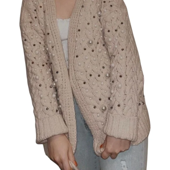 Bibi Boutique Brand Twisted Knit Open Cardigan With Pearls M - Picture 12 of 12